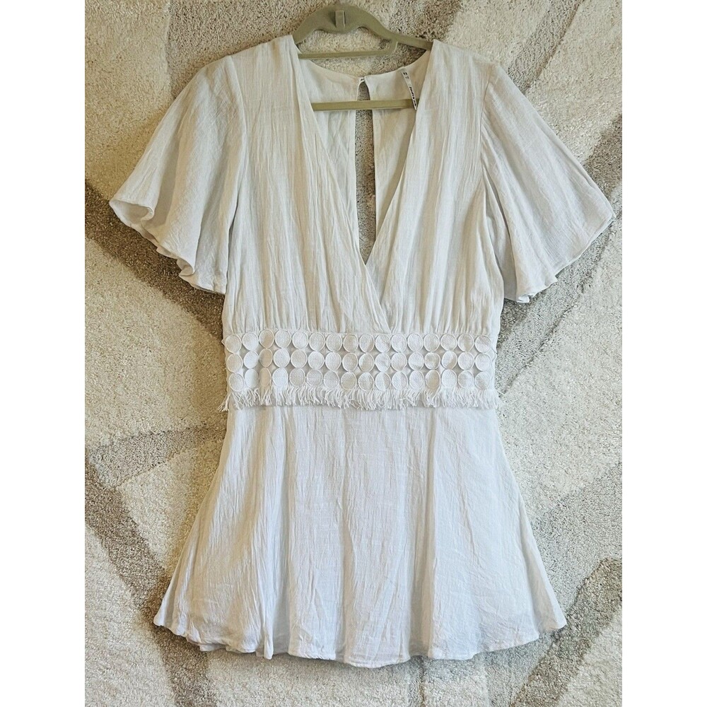 INDIKAH White Boho Mini Dress L Fringe Lace Flutter Sleeve Coastal Cottagecore